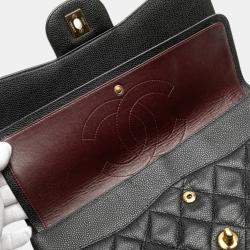 Pre Owned Chanel Matelasse Coco Mark Double Flap Chain Shoulder Bag Black Caviar Skin