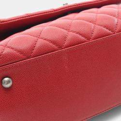 Pre Owned Chanel Coco Handle 29 Flap Matelasse Red  Caviar Skin Grained Calf Handbag 