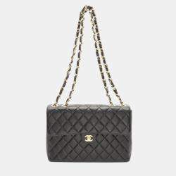 Pre Owned Chanel Deca Matelasse 30 Black Lambskin Sheepskin Single Flap Shoulder Bag 