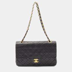 Pre Owned Chanel Matelasse Double Flap Shoulder Bag In Lambskin Leather Black