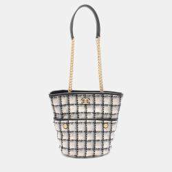 Pre Owned Chanel Coco Mark Tote Bag Fabric Leather Black Grey Multicolor