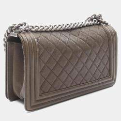 Pre Owned Chanel Boy Chanel Shoulder Bag Caviar Skin Grained Calf Khaki