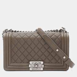 Pre Owned Chanel Boy Chanel Shoulder Bag Caviar Skin Grained Calf Khaki