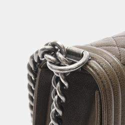 Pre Owned Chanel Boy Chanel Shoulder Bag Caviar Skin Grained Calf Khaki