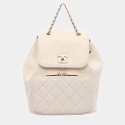 Pre Owned Chanel Matelasse Backpack Bag Leather Grained Calfskin White