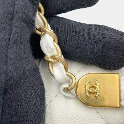 Pre Owned Chanel Chain Shoulder Bag Matelasse Coco Mark Caviar Skin White