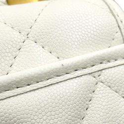 Pre Owned Chanel Chain Shoulder Bag Matelasse Coco Mark Caviar Skin White