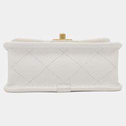 Pre Owned Chanel Chain Shoulder Bag Matelasse Coco Mark Caviar Skin White