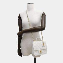 Pre Owned Chanel Chain Shoulder Bag Matelasse Coco Mark Caviar Skin White