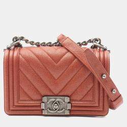 Pre Owned Chanel Boy Chanel Small Chevron V-Stitch Shoulder Bag In Brown Calfskin Leather