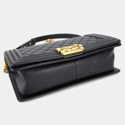 Pre Owned Chanel Boy Chanel Chain Shoulder Bag Caviar Skin Black Gold