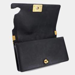 Pre Owned Chanel Boy Chanel Chain Shoulder Bag Caviar Skin Black Gold