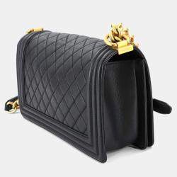 Pre Owned Chanel Boy Chanel Chain Shoulder Bag Caviar Skin Black Gold