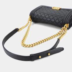 Pre Owned Chanel Boy Chanel Chain Shoulder Bag Caviar Skin Black Gold