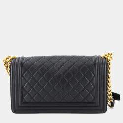 Pre Owned Chanel Boy Chanel Chain Shoulder Bag Caviar Skin Black Gold
