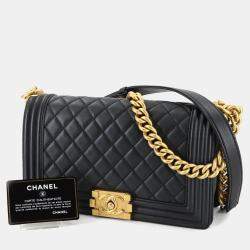 Pre Owned Chanel Boy Chanel Chain Shoulder Bag Caviar Skin Black Gold