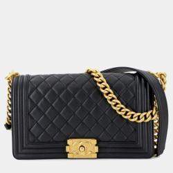 Pre Owned Chanel Boy Chanel Chain Shoulder Bag Caviar Skin Black Gold