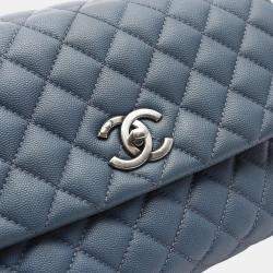 Pre Owned Chanel Coco Handle 29 Flap Matelasse Handbag Caviar Skin Grained Calf Blue