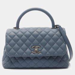 Pre Owned Chanel Coco Handle 29 Flap Matelasse Handbag Caviar Skin Grained Calf Blue