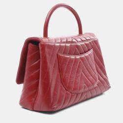 Pre Owned Chanel Coco Handle 29 Flap V Stitch Chevron Handbag Leather Red