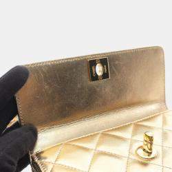 Pre Owned Chanel Mini Matelasse Shoulder Bag Lambskin Leather Gold