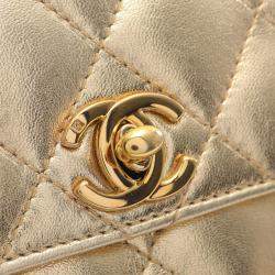 Pre Owned Chanel Mini Matelasse Shoulder Bag Lambskin Leather Gold