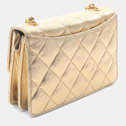Pre Owned Chanel Mini Matelasse Shoulder Bag Lambskin Leather Gold