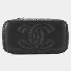 Pre Owned Chanel Chain Shoulder Bag Matelasse Coco Mark Vanity Lambskin Black