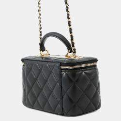 Pre Owned Chanel Chain Shoulder Bag Matelasse Coco Mark Vanity Lambskin Black