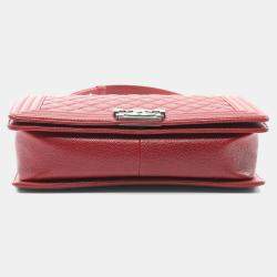Pre Owned Chanel Boy Chanel Large Chevron Shoulder Bag Caviar Skin Grained Calf Red