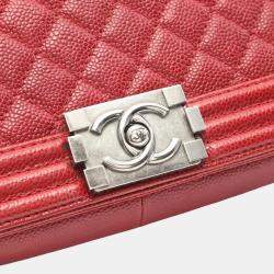 Pre Owned Chanel Boy Chanel Large Chevron Shoulder Bag Caviar Skin Grained Calf Red