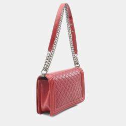 Pre Owned Chanel Boy Chanel Large Chevron Shoulder Bag Caviar Skin Grained Calf Red