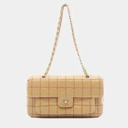 Pre Owned Chanel Chocolate Bar Wild Stitch Shoulder Bag Lambskin Sheepskin Beige