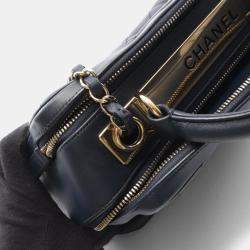 Pre Owned Chanel Matelasse Bowling Bag Shoulder In Lambskin Sheepskin Navy Blue