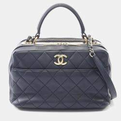 Pre Owned Chanel Matelasse Bowling Bag Shoulder In Lambskin Sheepskin Navy Blue