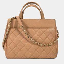 Pre Owned Chanel Cc Coco Mark Matelasse Affinity Small Bag Tote Chain Caviar Skin Beige