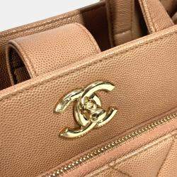 Pre Owned Chanel Cc Coco Mark Matelasse Affinity Small Bag Tote Chain Caviar Skin Beige