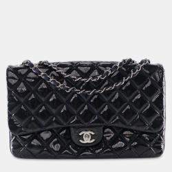 Pre Owned Chanel Navy Blue Jumbo Quilted Patent 3 Compartment Flap