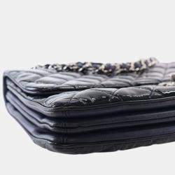 Pre Owned Chanel Navy Blue Jumbo Quilted Patent 3 Compartment Flap