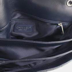 Pre Owned Chanel Navy Blue Jumbo Quilted Patent 3 Compartment Flap
