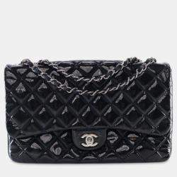 Pre Owned Chanel Navy Blue Jumbo Quilted Patent 3 Compartment Flap