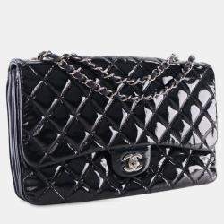 Pre Owned Chanel Navy Blue Jumbo Quilted Patent 3 Compartment Flap