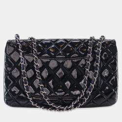 Pre Owned Chanel Navy Blue Jumbo Quilted Patent 3 Compartment Flap