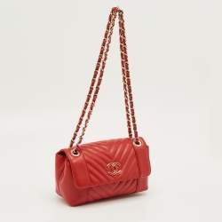 Pre Owned Chanel Red Chevron Leather Small Daily Flap Bag