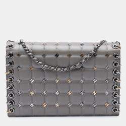Pre Owned Chanel Grey Small Lambskin Chocolate Bar CC Piercing Studded Chain Flap