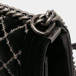 Pre Owned Chanel Black Medium Quilted Velvet Wild Stitch Boy Flap