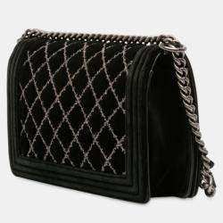 Pre Owned Chanel Black Medium Quilted Velvet Wild Stitch Boy Flap