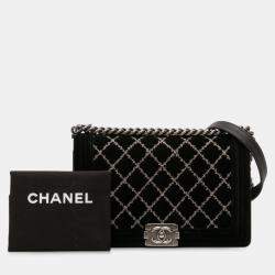 Pre Owned Chanel Black Medium Quilted Velvet Wild Stitch Boy Flap
