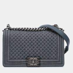 Pre Owned Chanel Blue Medium Embossed Denim Boy Flap