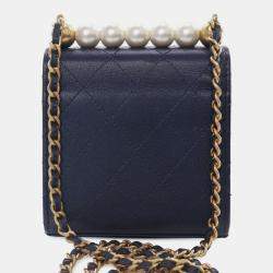Pre Owned Chanel Navy Blue Mini Goatskin Chic Pearls Clutch On Chain
